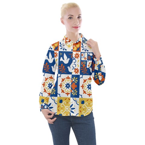Mexican Talavera Pattern Ceramic Tiles With Flower Leaves Bird Ornaments Traditional Majolica Style Women s Long Sleeve Pocket Shirt by Ket1n9