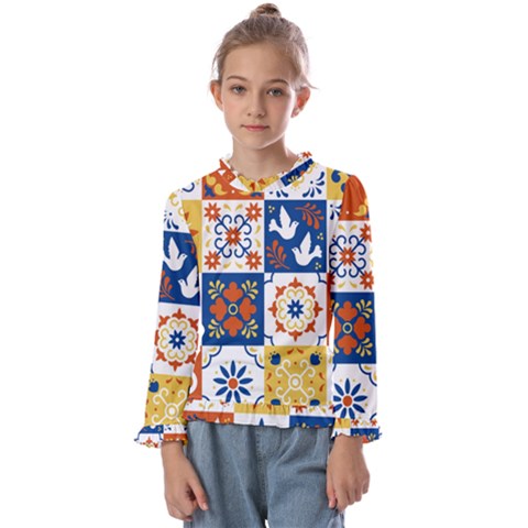 Mexican Talavera Pattern Ceramic Tiles With Flower Leaves Bird Ornaments Traditional Majolica Style Kids  Frill Detail T-shirt by Ket1n9