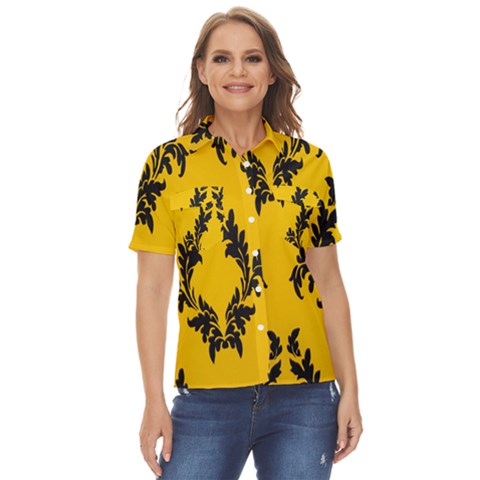 Yellow Regal Filagree Pattern Women s Short Sleeve Double Pocket Shirt by Azkajaya