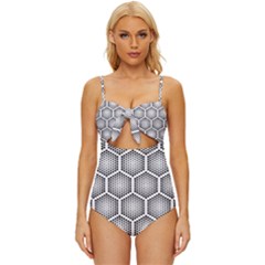 Halftone Tech Hexagons Seamless Pattern Knot Front One-piece Swimsuit by Ket1n9