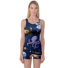 Marine Seamless Pattern Thin Line Memphis Style One Piece Boyleg Swimsuit by Ket1n9