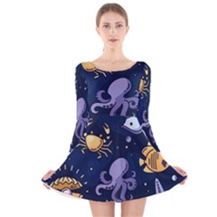 Marine Seamless Pattern Thin Line Memphis Style Long Sleeve Velvet Skater Dress by Ket1n9