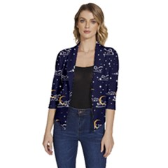 Hand Drawn Scratch Style Night-sky-with-moon-cloud Space Among-stars-seamless Pattern Vector Design Women s Draped Front 3/4 Sleeve Shawl Collar Jacket by Ket1n9