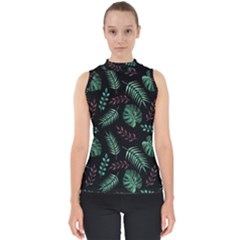 Tropical Leaves Pattern Mock Neck Shell Top by Hannah976