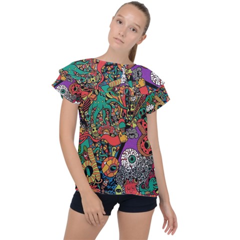 Cute Cartoon Doodle Ruffle Collar Chiffon Blouse by Bedest