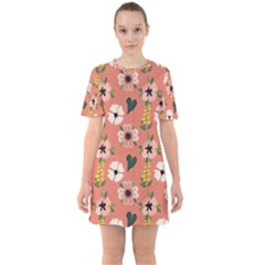 Flower Pink Brown Pattern Floral Sixties Short Sleeve Mini Dress by anzea