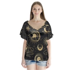 Asian Seamless Pattern With Clouds Moon Sun Stars Vector Collection Oriental Chinese Japanese Korean V-neck Flutter Sleeve Top by Grandong