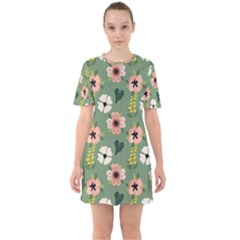 Flower Green Pink Pattern Floral Sixties Short Sleeve Mini Dress by anzea
