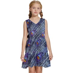 Peacock Bird Feathers Coloured Plumage Kids  Sleeveless Tiered Mini Dress by Perong
