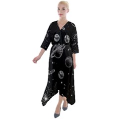 Black Space Drawing Art Planet Drawing Stars Black Space Galaxy Outer Space Quarter Sleeve Wrap Front Maxi Dress by Perong