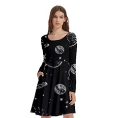 Black Space Drawing Art Planet Drawing Stars Black Space Galaxy Outer Space Long Sleeve Knee Length Skater Dress With Pockets by Perong