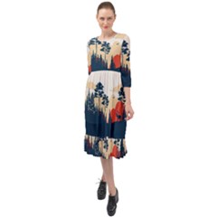 Summer Lake Forest Sunset Deer Water Ruffle End Midi Chiffon Dress by Grandong
