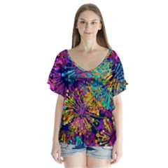 Illustration Graphics Art V-neck Flutter Sleeve Top by anzea