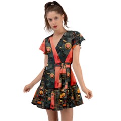 Tech Technology Pattern Flutter Sleeve Wrap Dress by Salmanaz77
