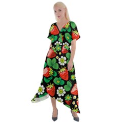 Strawberries Pattern Cross Front Sharkbite Hem Maxi Dress by Salmanaz77