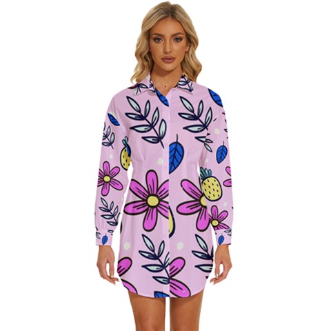 Flowers Petals Pineapples Fruit Womens Long Sleeve Shirt Dress by Paksenen