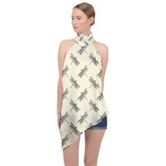 Dragonfy Insect Pattern Halter Asymmetric Satin Top by Maspions