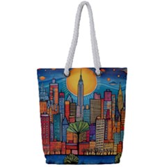 City New York Nyc Skyscraper Skyline Downtown Night Business Urban Travel Landmark Building Architec Full Print Rope Handle Tote (small) by Posterlux