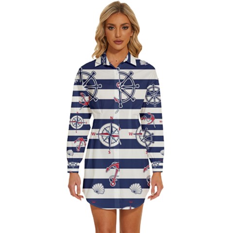 Seamless Marine Pattern Womens Long Sleeve Shirt Dress by Ket1n9