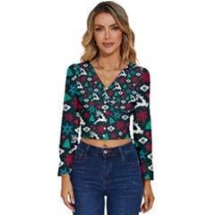 Holiday Season Pattern December Happy Holidays Merry Christmas Winter Family Festive New Year Long Sleeve V-neck Top by Maspions