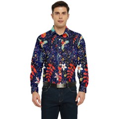Festive Floral Pattern Christmas Blue Floral Flower Foliage Leaves Pattern Red Snow Winter Men s Long Sleeve Shirt by Maspions