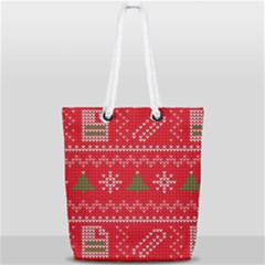 Red Christmas Pattern Xmas Decorations, Christmas Knitted Texture Full Print Rope Handle Tote (small) by kyorashop23