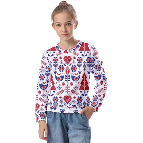 Scandinavian Folk Seamless Pattern Kids  Long Sleeve T-shirt With Frill  by Grandong