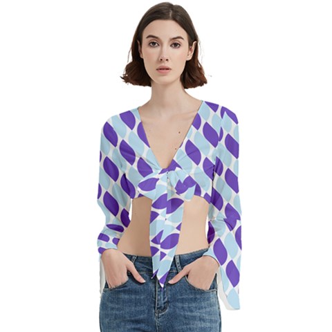 White Blue Pattern Trumpet Sleeve Cropped Top by ytdream