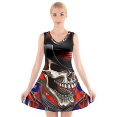 Confederate Flag Usa America United States Csa Civil War Rebel Dixie Military Poster Skull V-neck Sleeveless Dress by Ket1n9