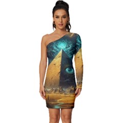 Mystic Blue Pyramid Art Long Sleeve One Shoulder Mini Dress by ExtraAwesomeSauce