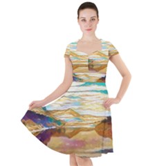 Vibrant Sunset Over Serene Lake Cap Sleeve Midi Dress With Pockets by ExtraAwesomeSauce