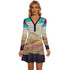 Vibrant Sunset Over Serene Lake Long Sleeve Deep V Mini Dress  by ExtraAwesomeSauce