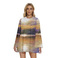 Serene Sunset Over Water Round Neck Long Sleeve Bohemian Style Chiffon Mini Dress by ExtraAwesomeSauce
