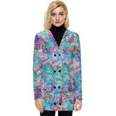 Pink On Blue Leaves Button Up Hooded Coat  by kyorashop23