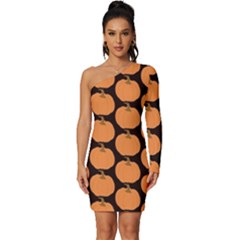 Black And Orange Pumpkin Long Sleeve One Shoulder Mini Dress by ConteMonfrey