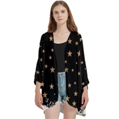 Little Stars Pattern Open Front 3/4 Sleeve Batwing Chiffon Cardigan Kimono by ConteMonfrey