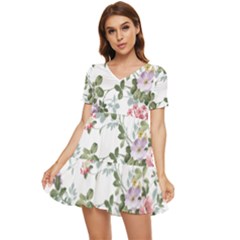 Floral Elements Peony Chinese Rose Tiered Short Sleeve Babydoll Dress by Grandong