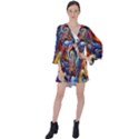Dynamic Color Vortex V-Neck Flare Sleeve Mini Dress View1