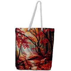 Forest Path Red Nature Full Print Rope Handle Tote (large) by Bedest