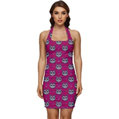 Calavera Cat Art Pattern Sleeveless Wide Square Neckline Ruched Bodycon Dress by ExtraAwesomeSauce