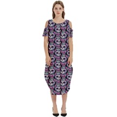 Sugar Skull Cat Pattern Cold Shoulder Loose Fit Dress With Pockets by ExtraAwesomeSauce