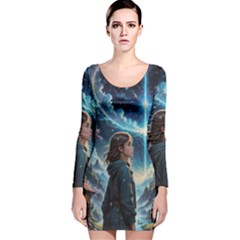 Enchanting Fantasy Night Sky Scene Long Sleeve Velvet Bodycon Dress by ExtraAwesomeSauce
