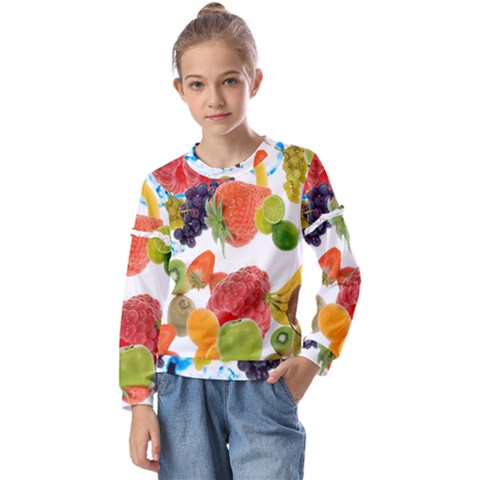 Fruits, Drip, Fruit, Paint, Spring Kids  Long Sleeve T-shirt With Frill  by kyorashop23