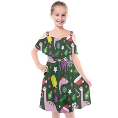 Dinosaur Colorful Funny Christmas Pattern Kids  Cut Out Shoulders Chiffon Dress by Ket1n9