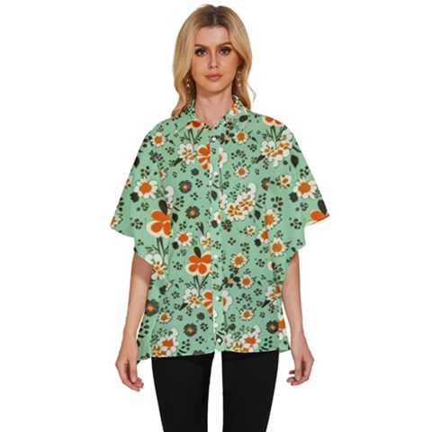 Retro 1960s Flowers Pattern 3 Women s Batwing Button Up Shirt by violetheavensky