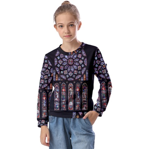 Chartres Cathedral Notre Dame De Paris Stained Glass Kids  Long Sleeve T-shirt With Frill  by Grandong