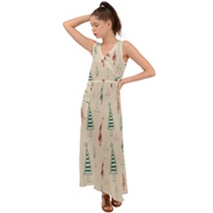 Trees Christmas Holiday Pattern V-neck Chiffon Maxi Dress by Paksenen