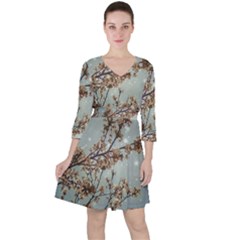 Dreamy Nature Motif Quarter Sleeve Ruffle Waist Dress by dflcprintsclothing