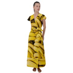 Bananas, Macro, Fruits, Ripe Bananas Flutter Sleeve Maxi Dress by kyorashop23