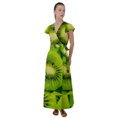 Kiwi Fruits, Close-up, Exotic Fruit Flutter Sleeve Maxi Dress by kyorashop23